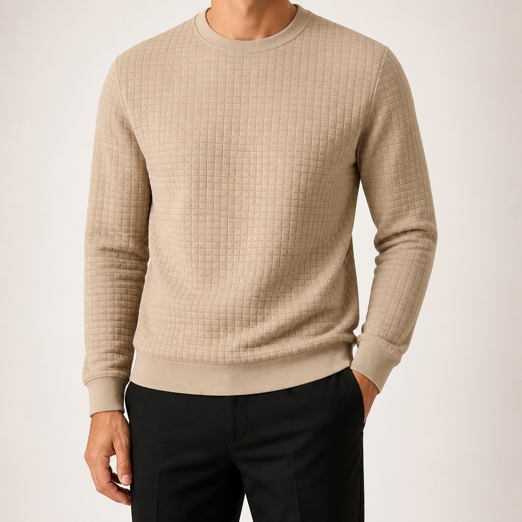 Reuben | Mens Sweatshirt Checkered Crewneck Pullover Warm Knit Sweater, Khaki