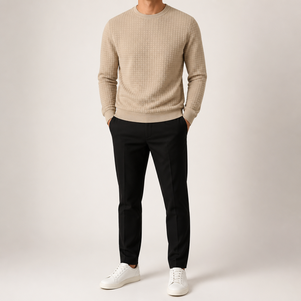 Reuben | Mens Sweatshirt Checkered Crewneck Pullover Warm Knit Sweater, Khaki