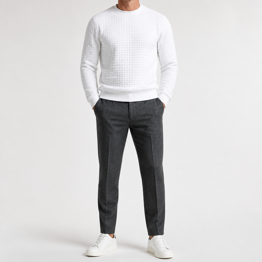 Reuben | Mens Sweatshirt Checkered Crewneck Pullover Warm Knit Sweater, White