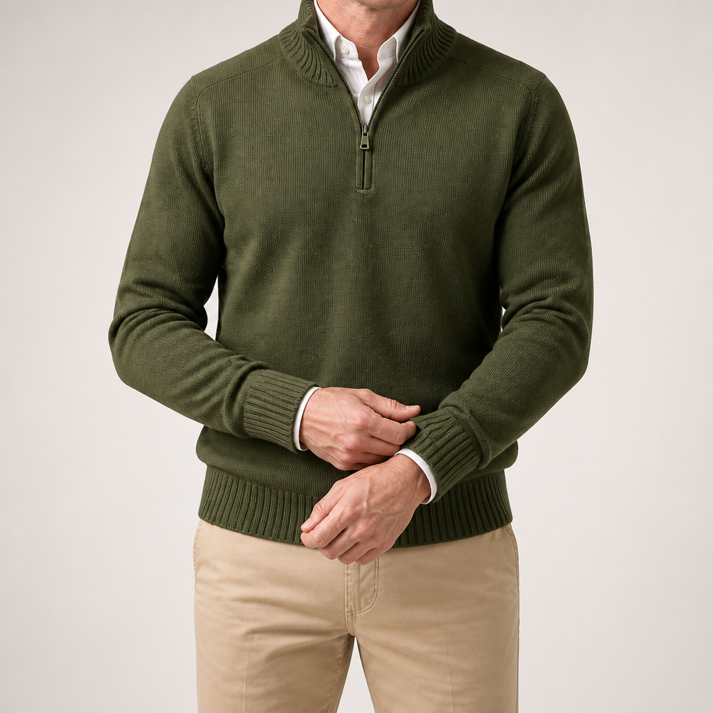 Reuben | Mens Jumper Knitted Stand Collar Warm Winter Sweater, Army Green