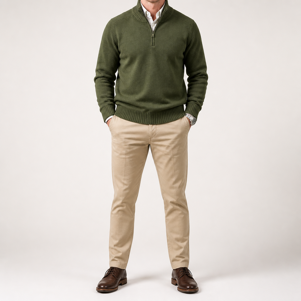 Reuben | Mens Jumper Knitted Stand Collar Warm Winter Sweater, Army Green