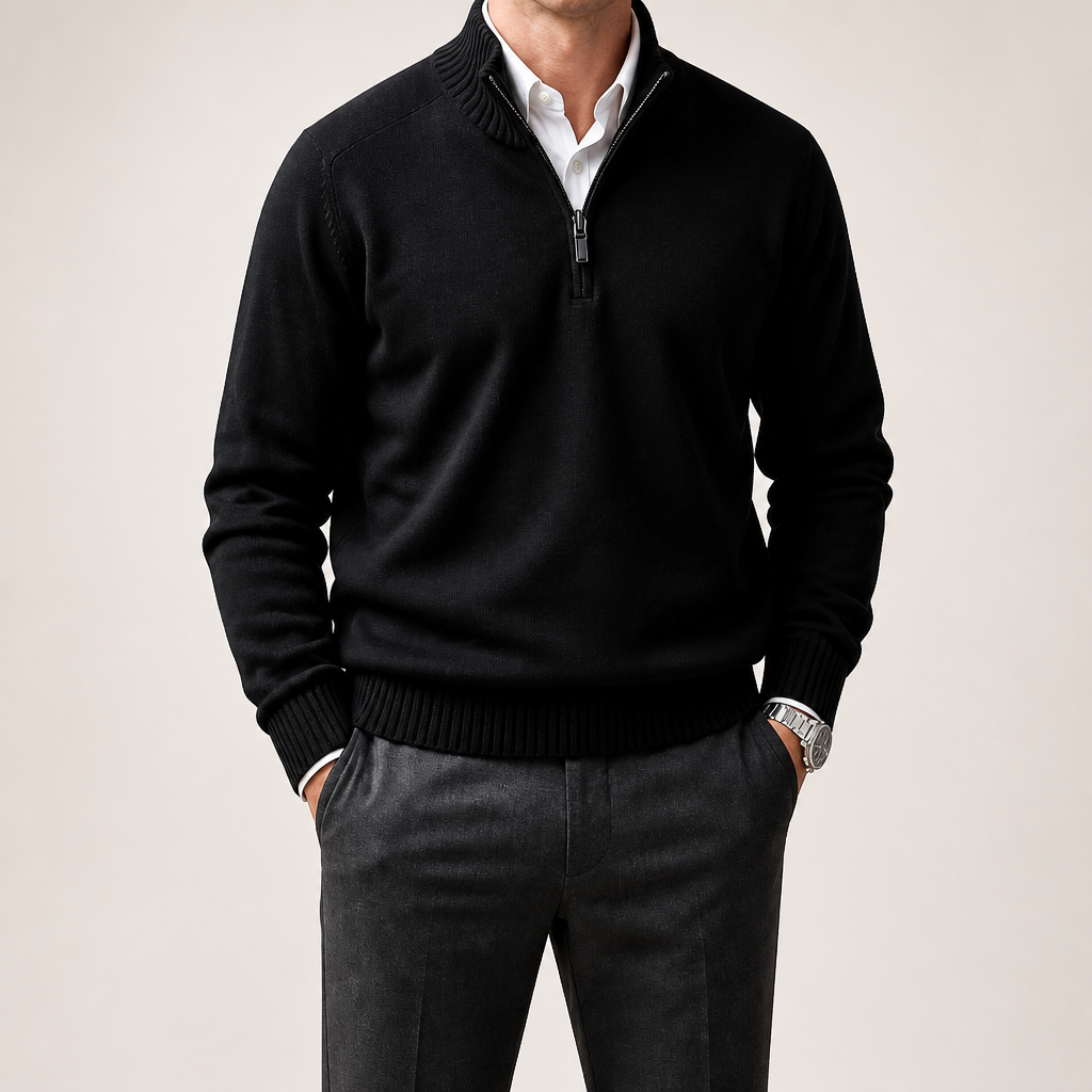 Reuben | Mens Jumper Knitted Stand Collar Warm Winter Sweater, Black
