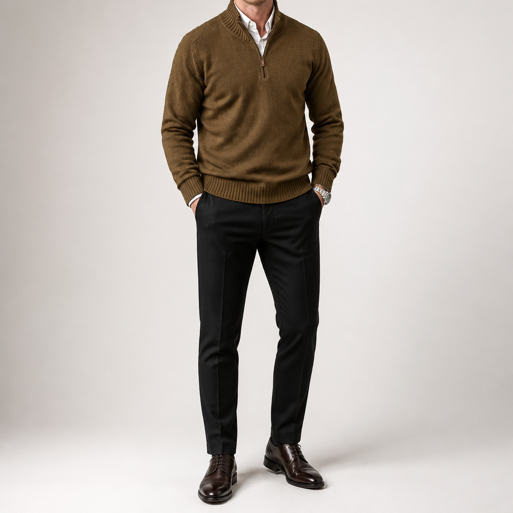 Reuben | Mens Jumper Knitted Stand Collar Warm Winter Sweater, Coffee