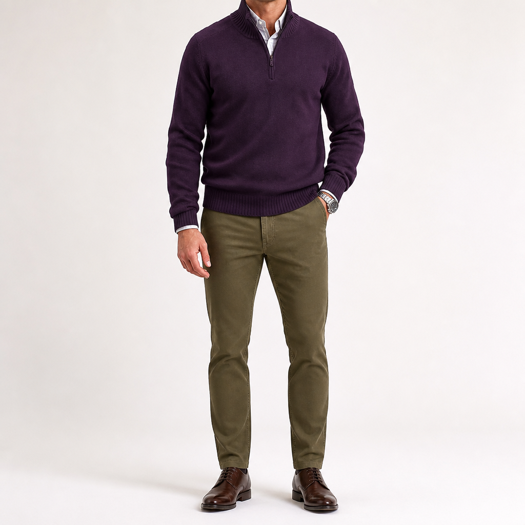 Reuben | Mens Jumper Knitted Stand Collar Warm Winter Sweater, Dark Purple
