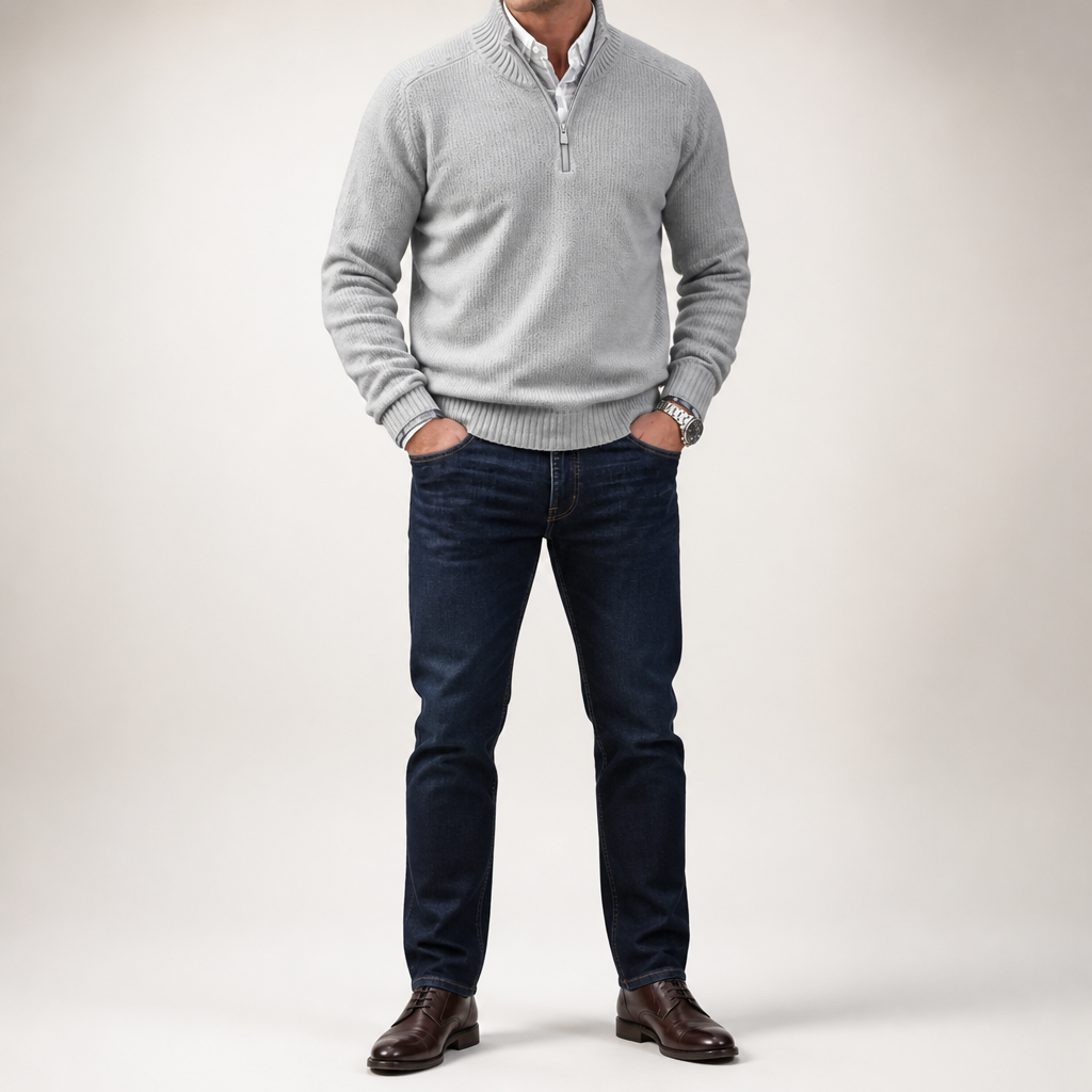 Reuben | Mens Jumper Knitted Stand Collar Warm Winter Sweater, Light Gray