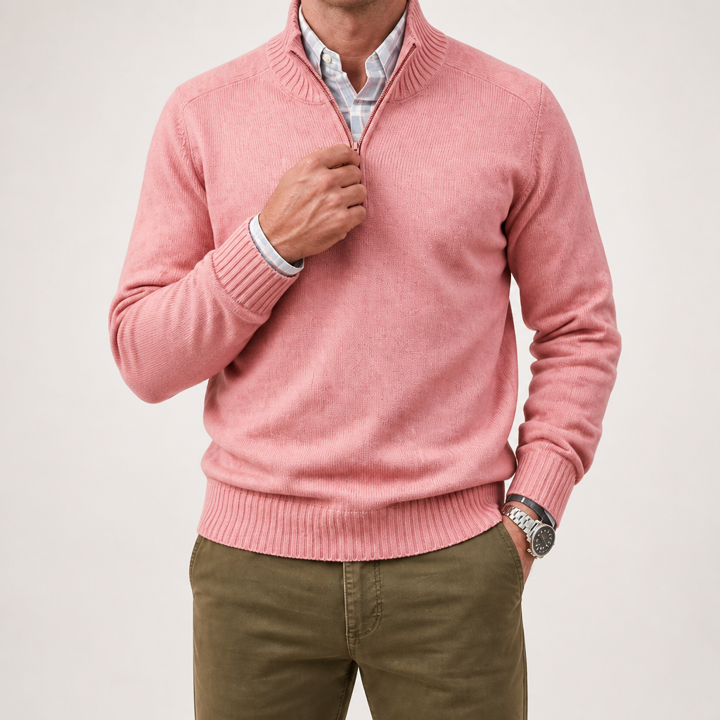 Reuben | Mens Jumper Knitted Stand Collar Warm Winter Sweater, Pink
