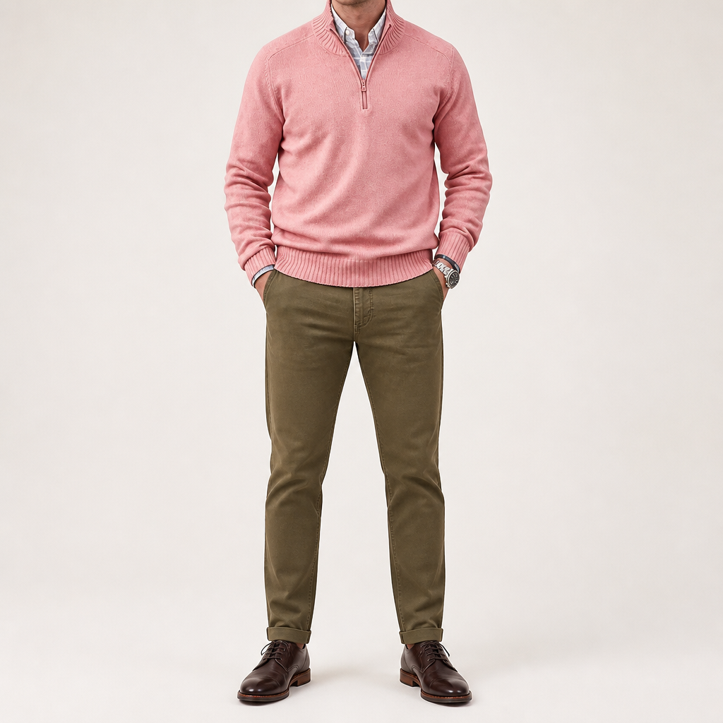 Reuben | Mens Jumper Knitted Stand Collar Warm Winter Sweater, Pink