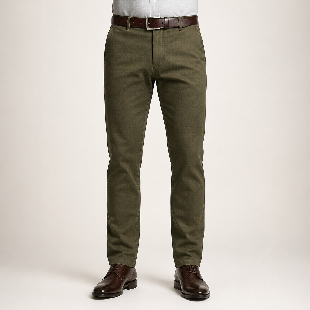 Reuben | Mens Work Straight Leg Business Casual Fleece Lined Trousers, Military Green