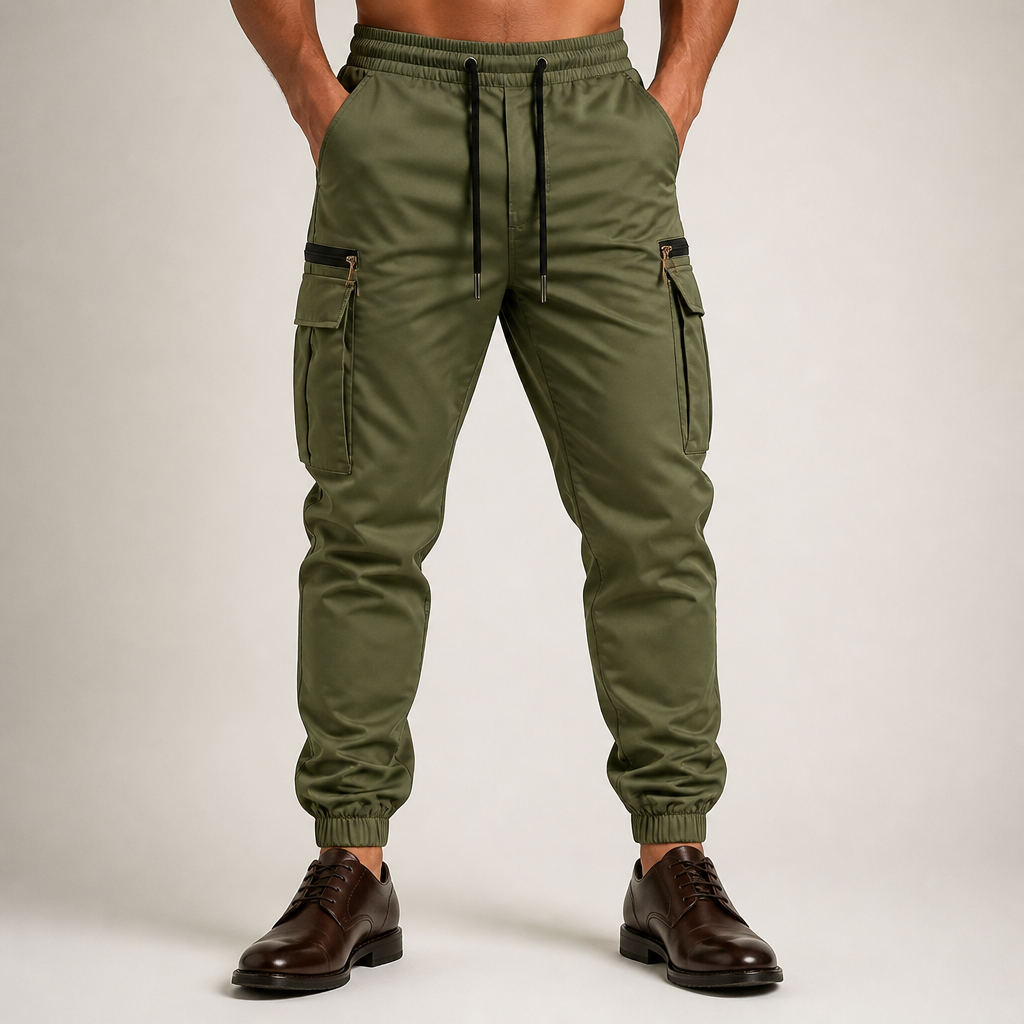 Rhett | Mens Slim Fit Pocket Cargo Work Trousers Pants, Army Green