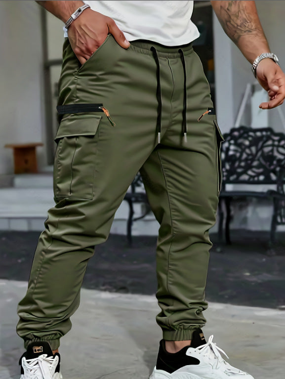Rhett | Mens Slim Fit Pocket Cargo Work Trousers Pants - Army Green