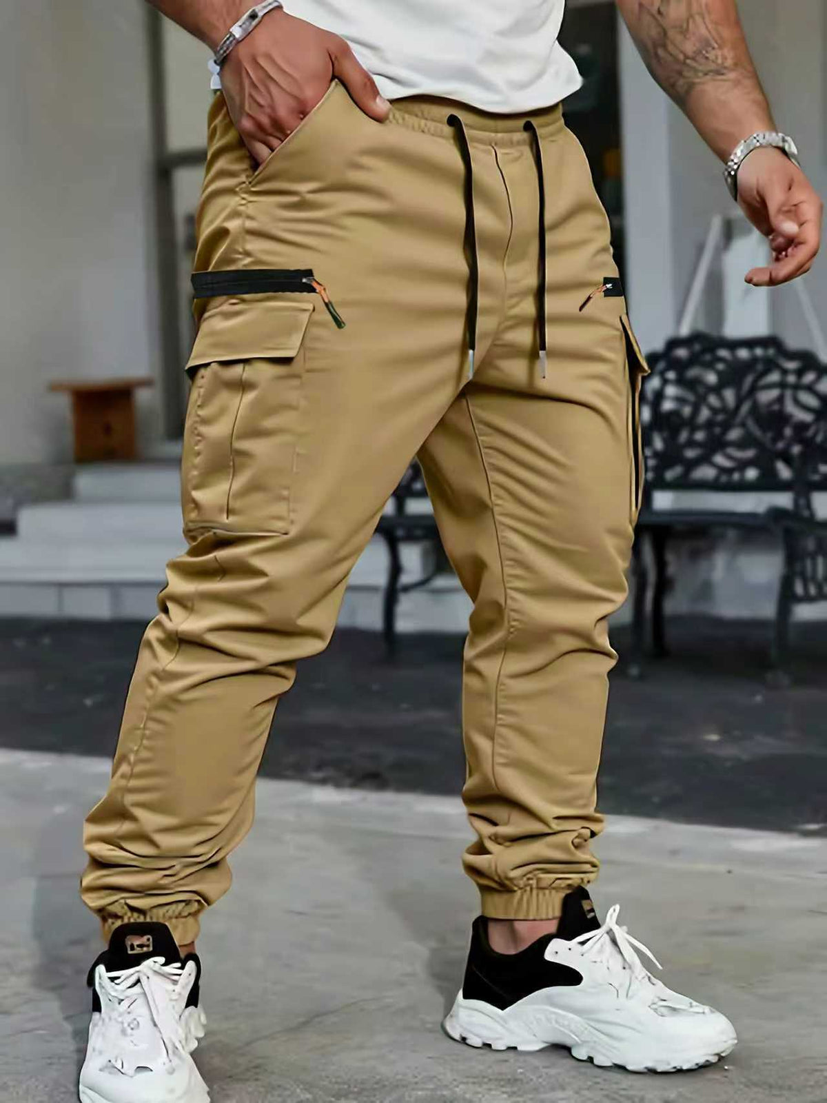 Rhett | Mens Slim Fit Pocket Cargo Work Trousers Pants - Khaki