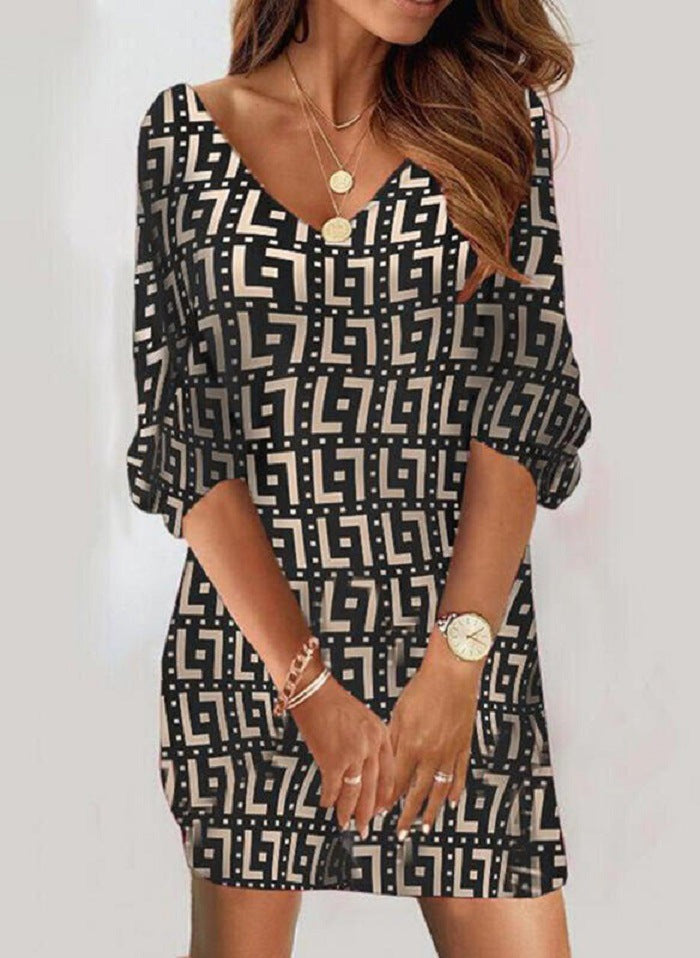 Rhian | Womens V Neck Printed Long Sleeve Mini Wedding Guest Dresses - 7