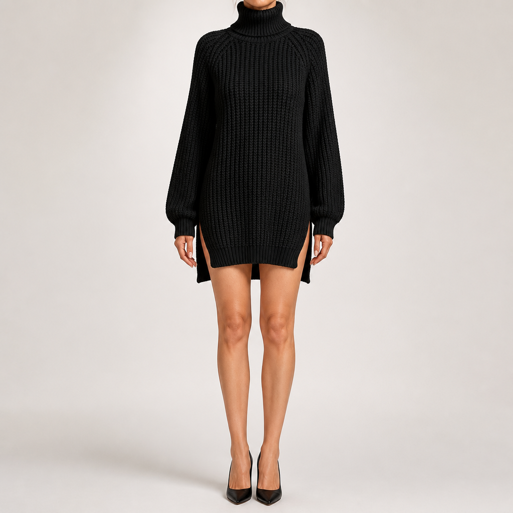 Rhiannon | Womens Wedding Guest Jumper Knitted Split Raglan Sleeve Dresses, Black