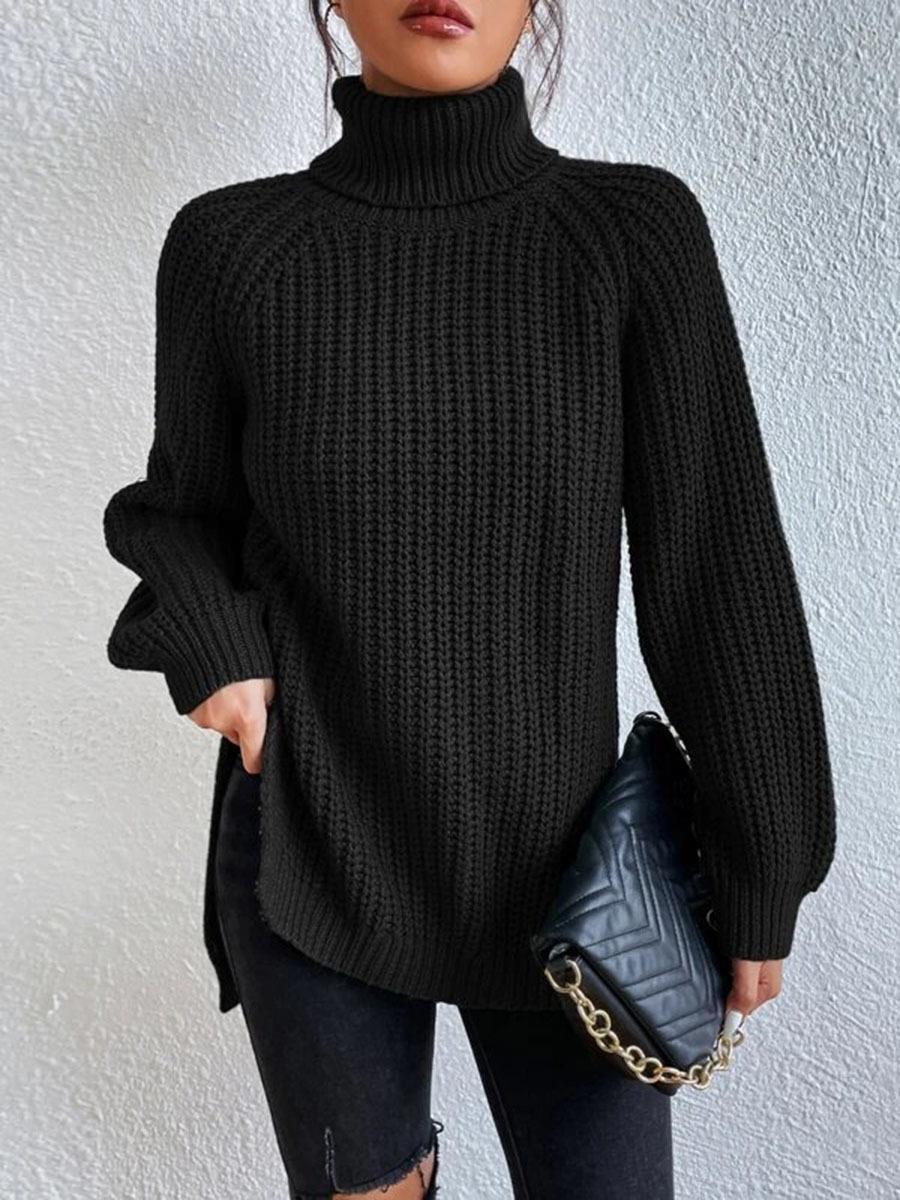 Rhiannon | Womens Raglan Sleeve Split Knitted Jumper Wedding Guest Long Dresses - Black