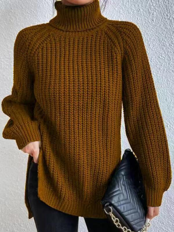 Rhiannon | Womens Raglan Sleeve Split Knitted Jumper Wedding Guest Long Dresses - Brown