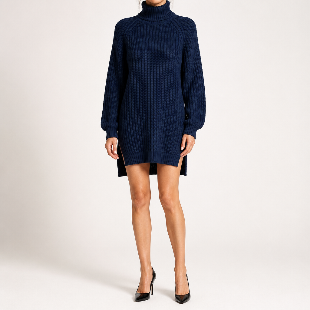Rhiannon | Womens Wedding Guest Jumper Knitted Split Raglan Sleeve Dresses, Dark Blue