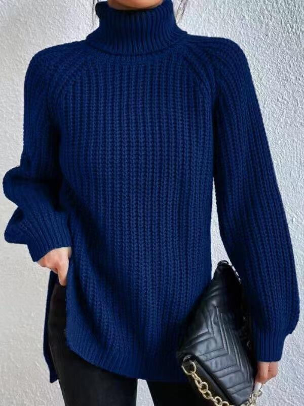 Rhiannon | Womens Raglan Sleeve Split Knitted Jumper Wedding Guest Long Dresses - Dark Blue