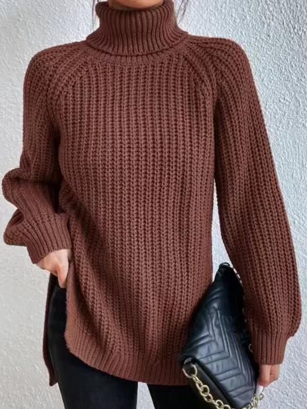 Rhiannon | Womens Raglan Sleeve Split Knitted Jumper Wedding Guest Long Dresses - Dark Brown