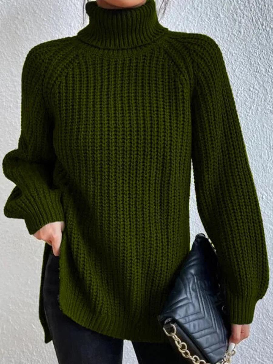 Rhiannon | Womens Raglan Sleeve Split Knitted Jumper Wedding Guest Long Dresses - Dark Green