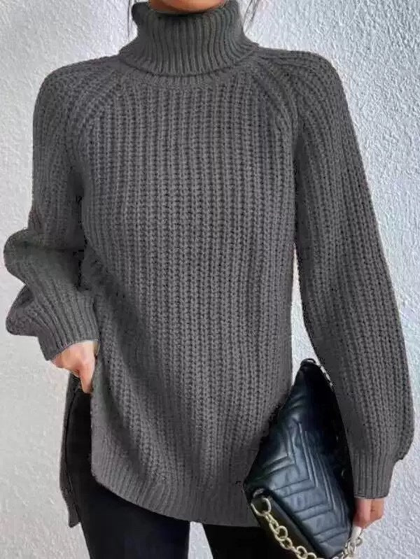 Rhiannon | Womens Raglan Sleeve Split Knitted Jumper Wedding Guest Long Dresses - Dark Grey