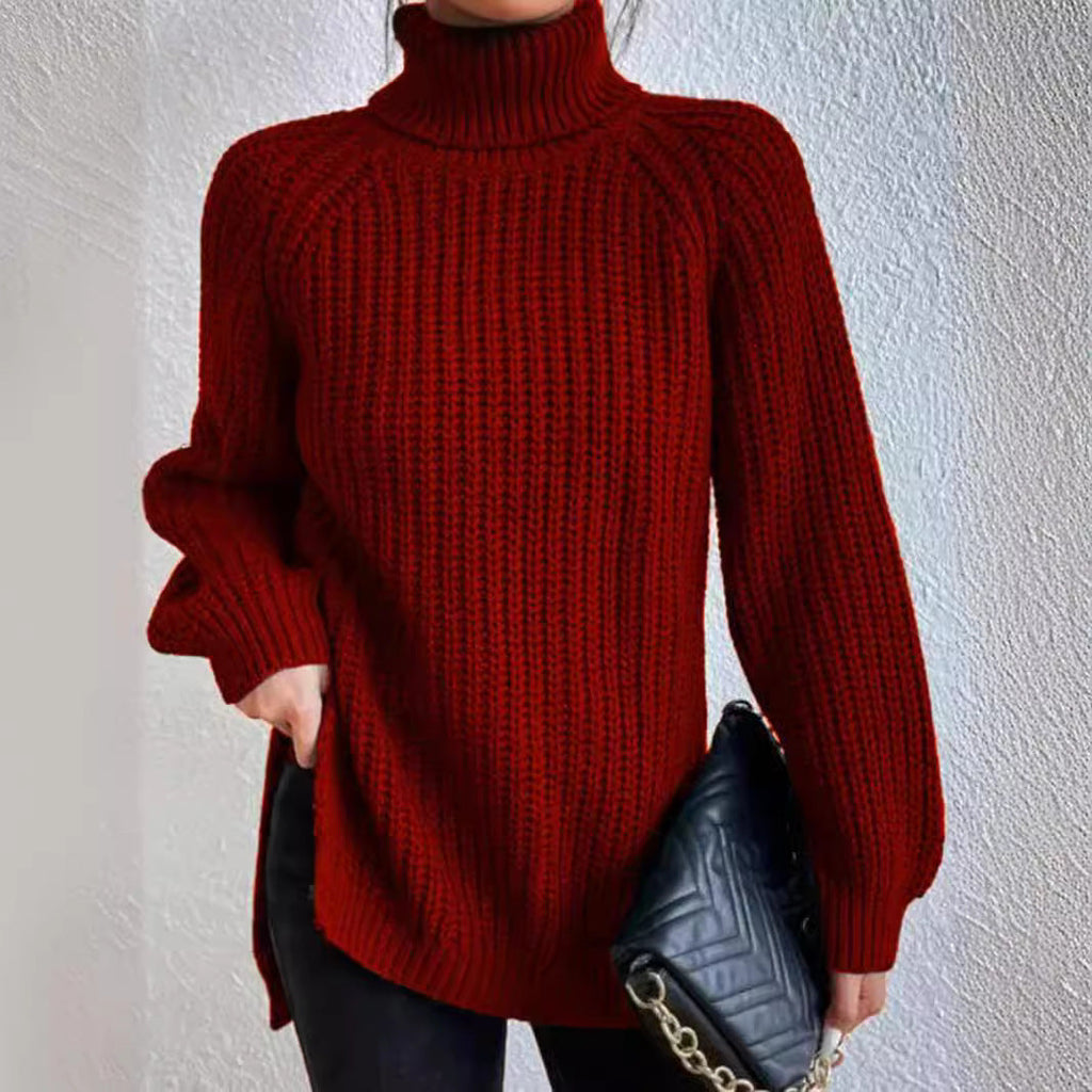 Rhiannon | Womens Raglan Sleeve Split Knitted Jumper Wedding Guest Long Dresses - Deep Red