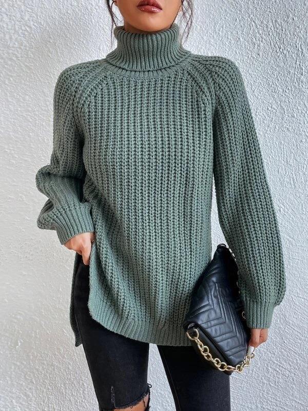 Rhiannon | Womens Raglan Sleeve Split Knitted Jumper Wedding Guest Long Dresses - Emerald Green