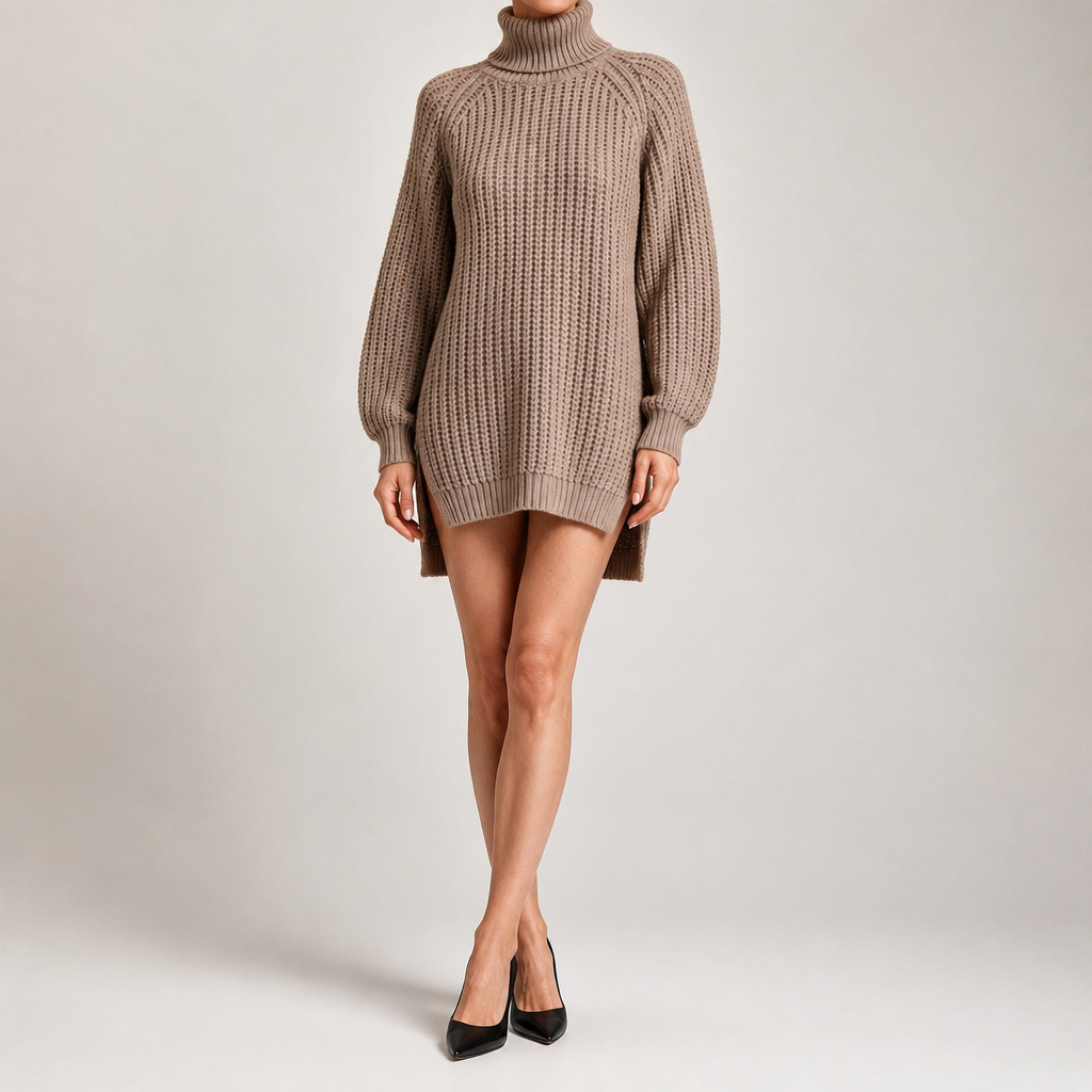 Rhiannon | Womens Wedding Guest Jumper Knitted Split Raglan Sleeve Dresses, Khaki