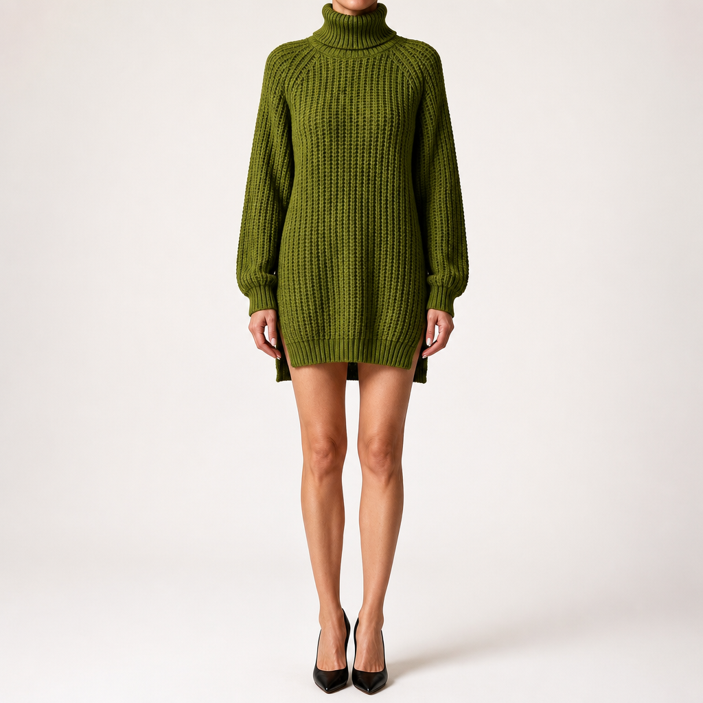 Rhiannon | Womens Wedding Guest Jumper Knitted Split Raglan Sleeve Dresses, Olive Green