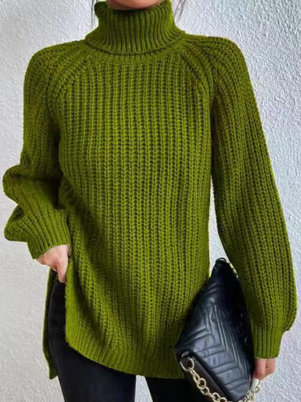 Rhiannon | Womens Raglan Sleeve Split Knitted Jumper Wedding Guest Long Dresses - Olive Green
