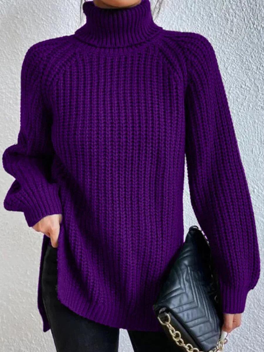 Rhiannon | Womens Raglan Sleeve Split Knitted Jumper Wedding Guest Long Dresses - Purple Blue