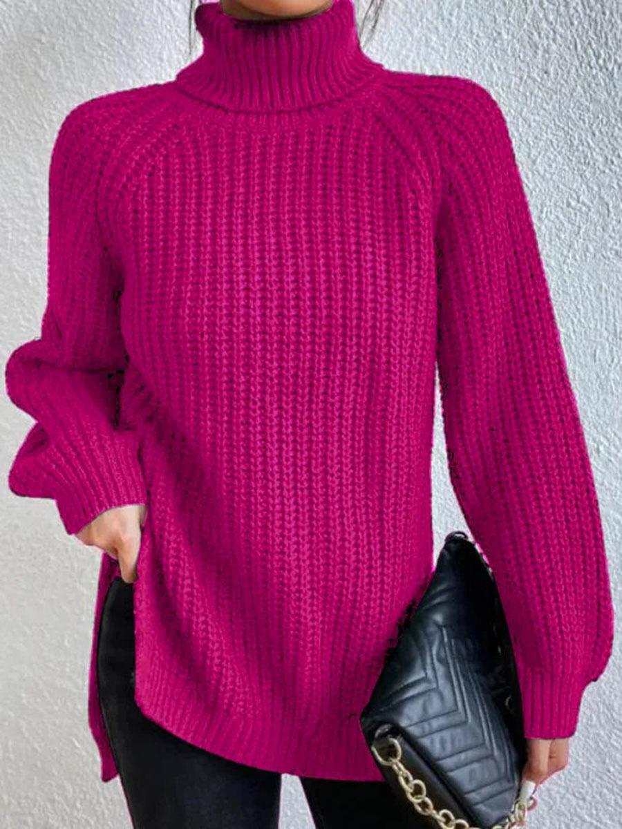 Rhiannon | Womens Raglan Sleeve Split Knitted Jumper Wedding Guest Long Dresses - Rose Red