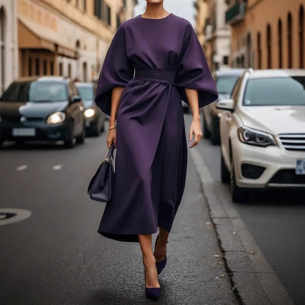 Rhoswen | Womens Batwing Sleeve Waist Cinching Maxi Wedding Guest Elegant Dresses - 3