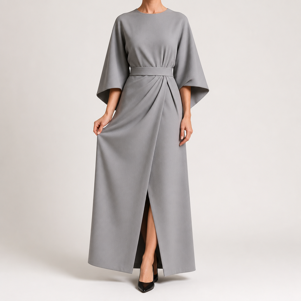 Rhoswen | Womens Wedding Guest Dresses Batwing Sleeve Maxi Elegant Dress, Light Grey