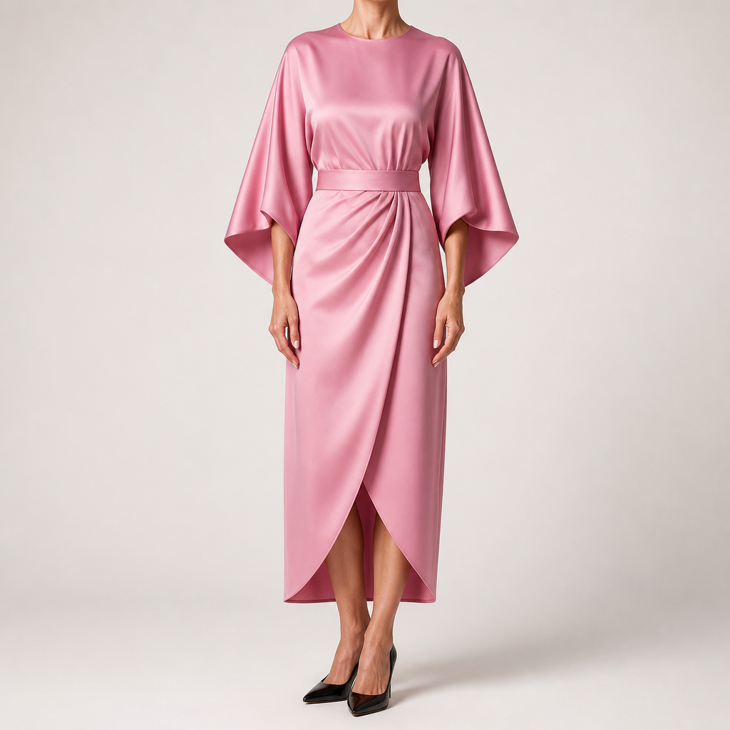 Rhoswen | Womens Wedding Guest Dresses Batwing Sleeve Maxi Elegant Dress, Pink