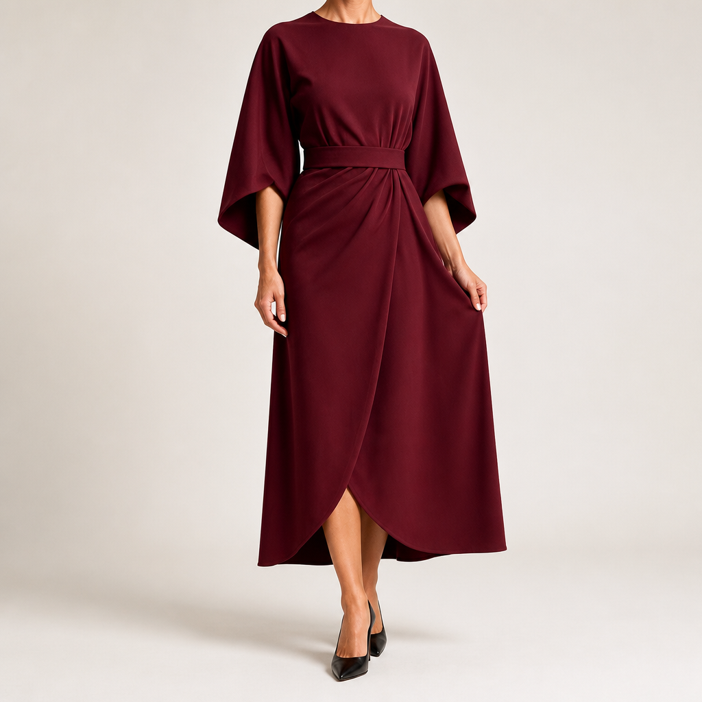 Rhoswen | Womens Wedding Guest Dresses Batwing Sleeve Maxi Elegant Dress, Wine Red