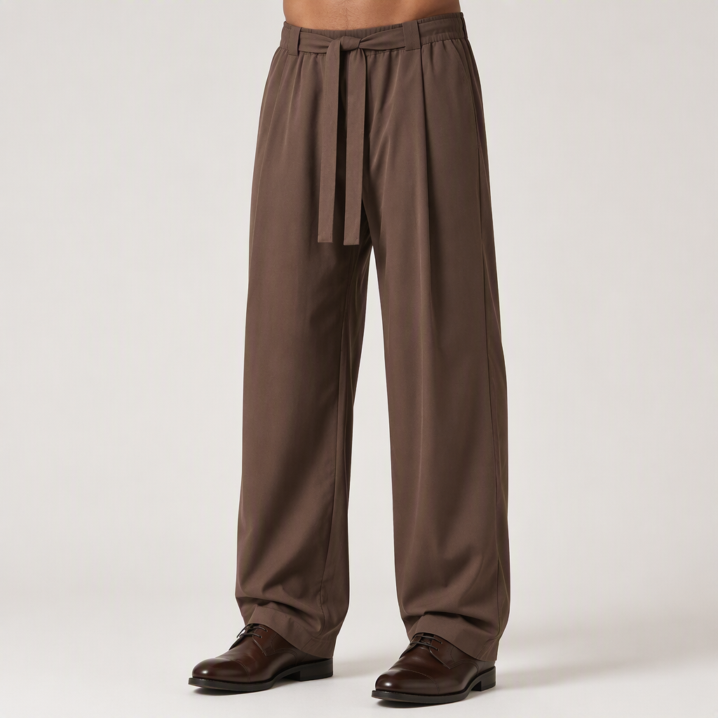 Romilly | Mens Wide Leg High Waisted Straight Leg Quick Dry Casual Trousers, Brown