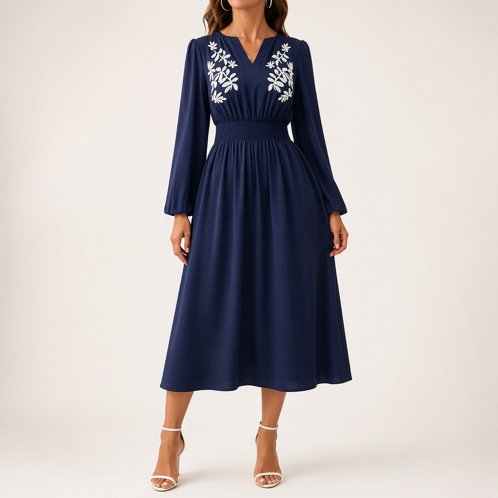 Romy | Womens Wedding Guest Midi Holiday Long Sleeve A-Line Fall Dresses, Navy Blue