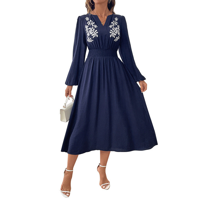 Romy | Wedding Guest Navy Embroidered A Line Midi Dress, Navy Blue