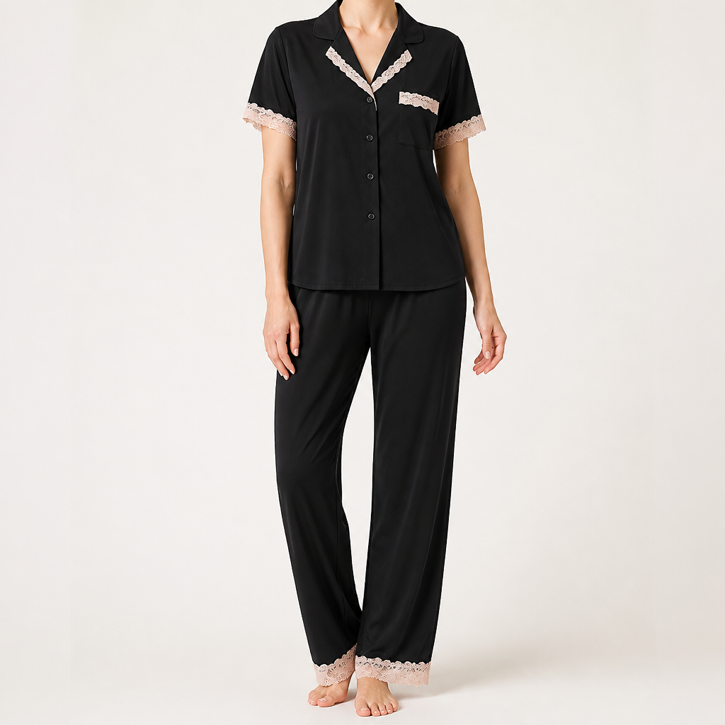 Rosalie | Womens Silk Satin Pyjamas Ice Cool Short Sleeve Loungewear, Black 2