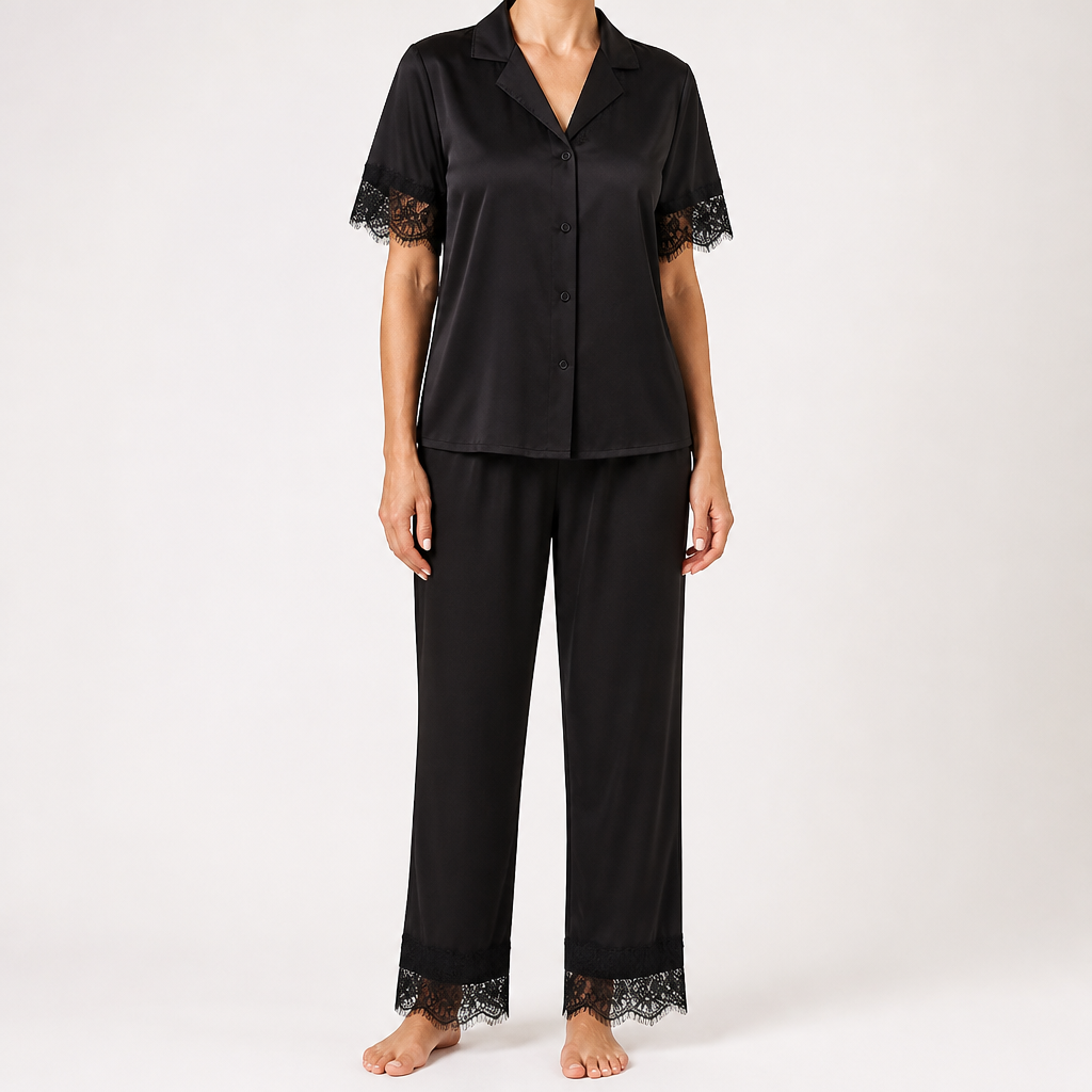 Rosalie | Womens Silk Satin Pyjamas Ice Cool Short Sleeve Loungewear, Black 3