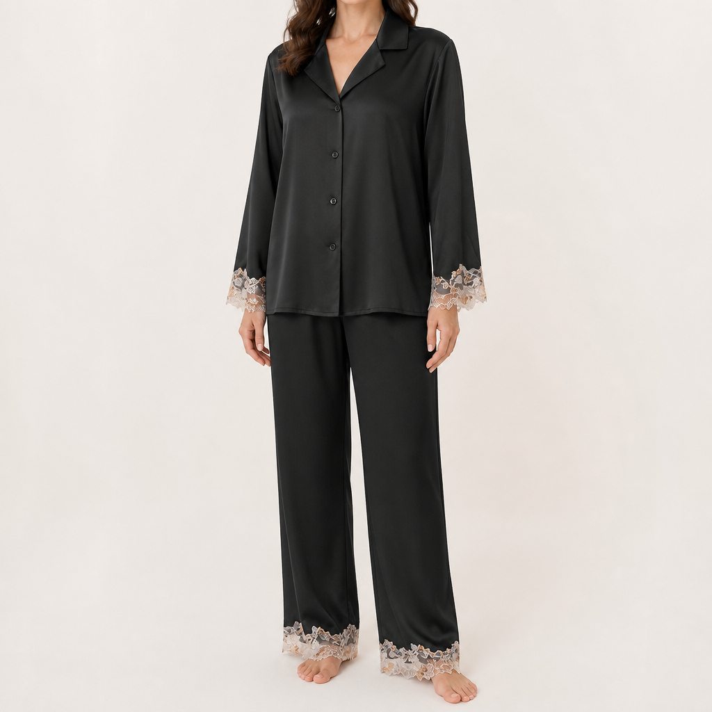 Rosalie | Womens Silk Satin Pyjamas Ice Cool Short Sleeve Loungewear, Black