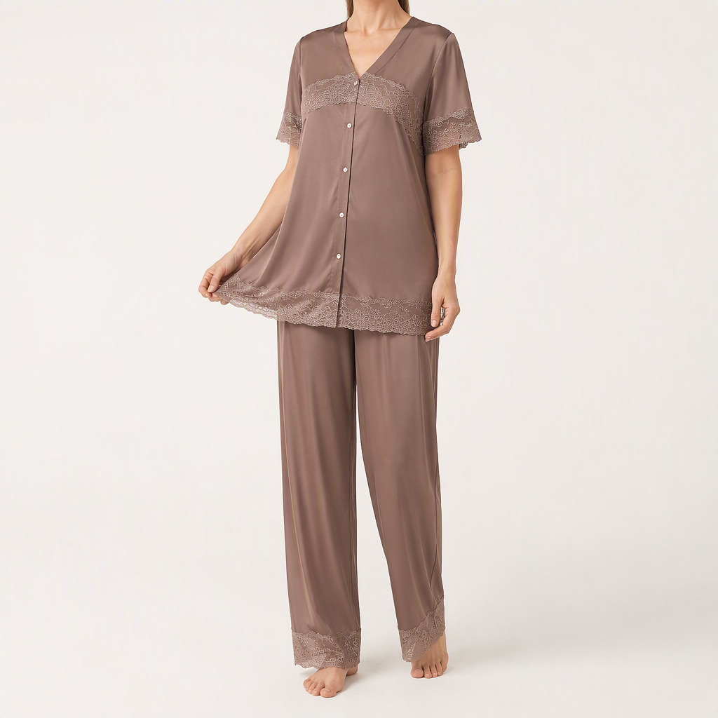 Rosalie | Womens Silk Satin Pyjamas Ice Cool Short Sleeve Loungewear, Brown