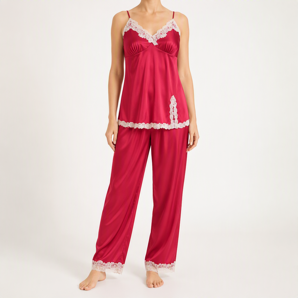 Rosalie | Womens Silk Satin Pyjamas Ice Cool Short Sleeve Loungewear, Burgundy 2