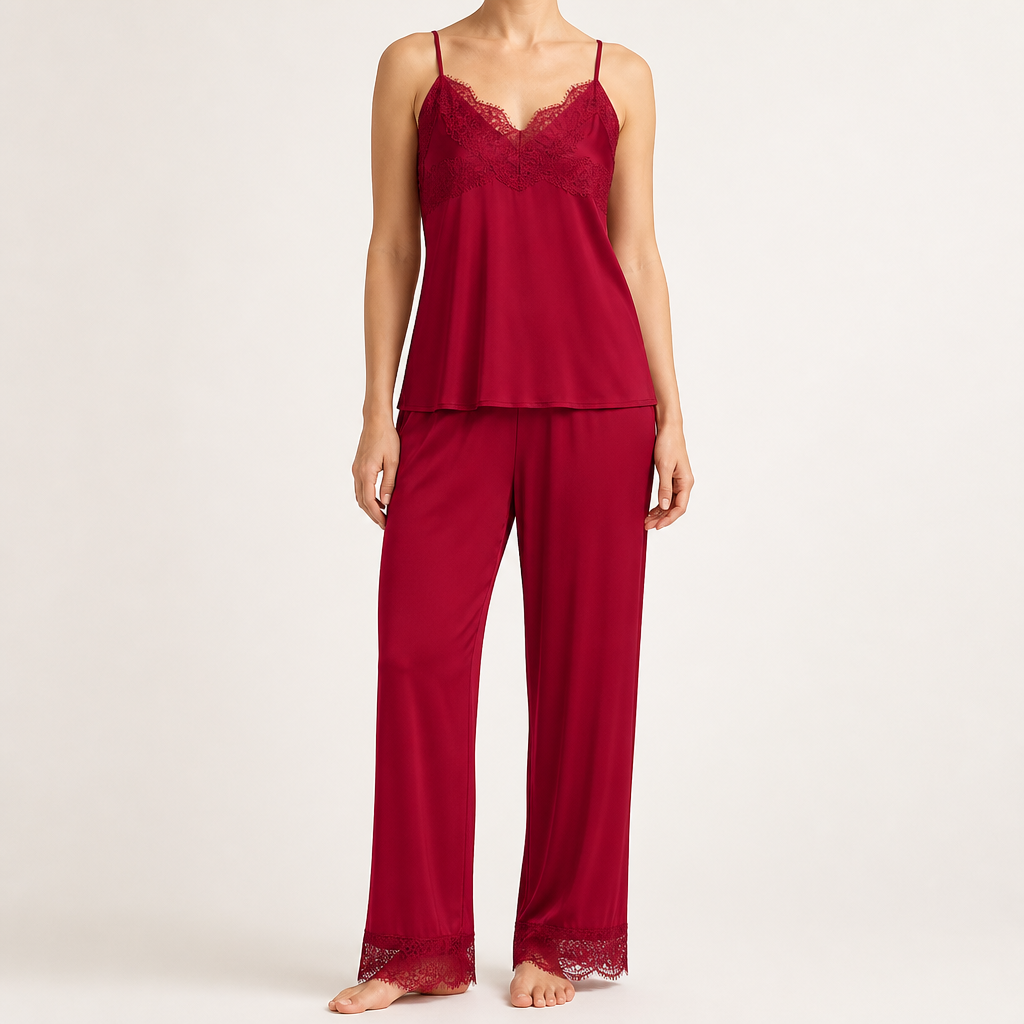 Rosalie | Womens Silk Satin Pyjamas Ice Cool Short Sleeve Loungewear, Burgundy 3