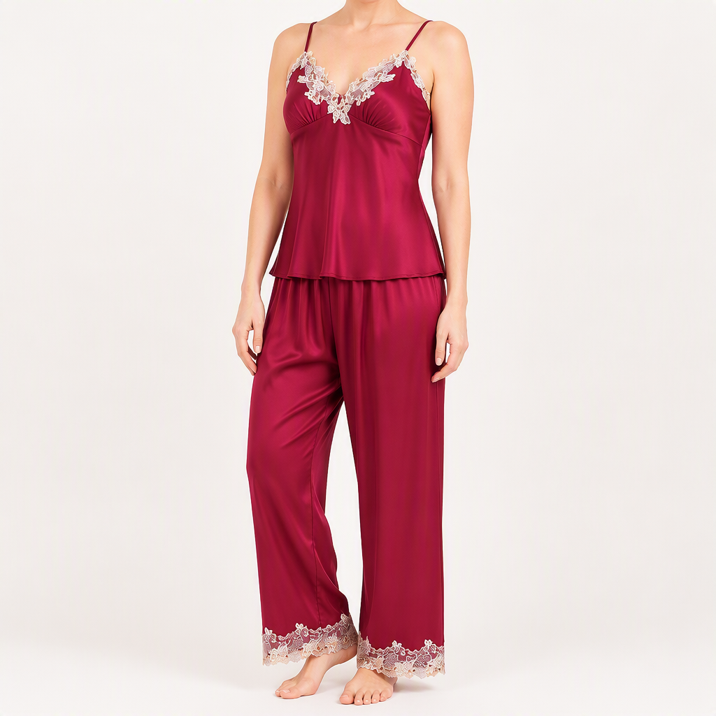 Rosalie | Womens Silk Satin Pyjamas Ice Cool Short Sleeve Loungewear, Burgundy