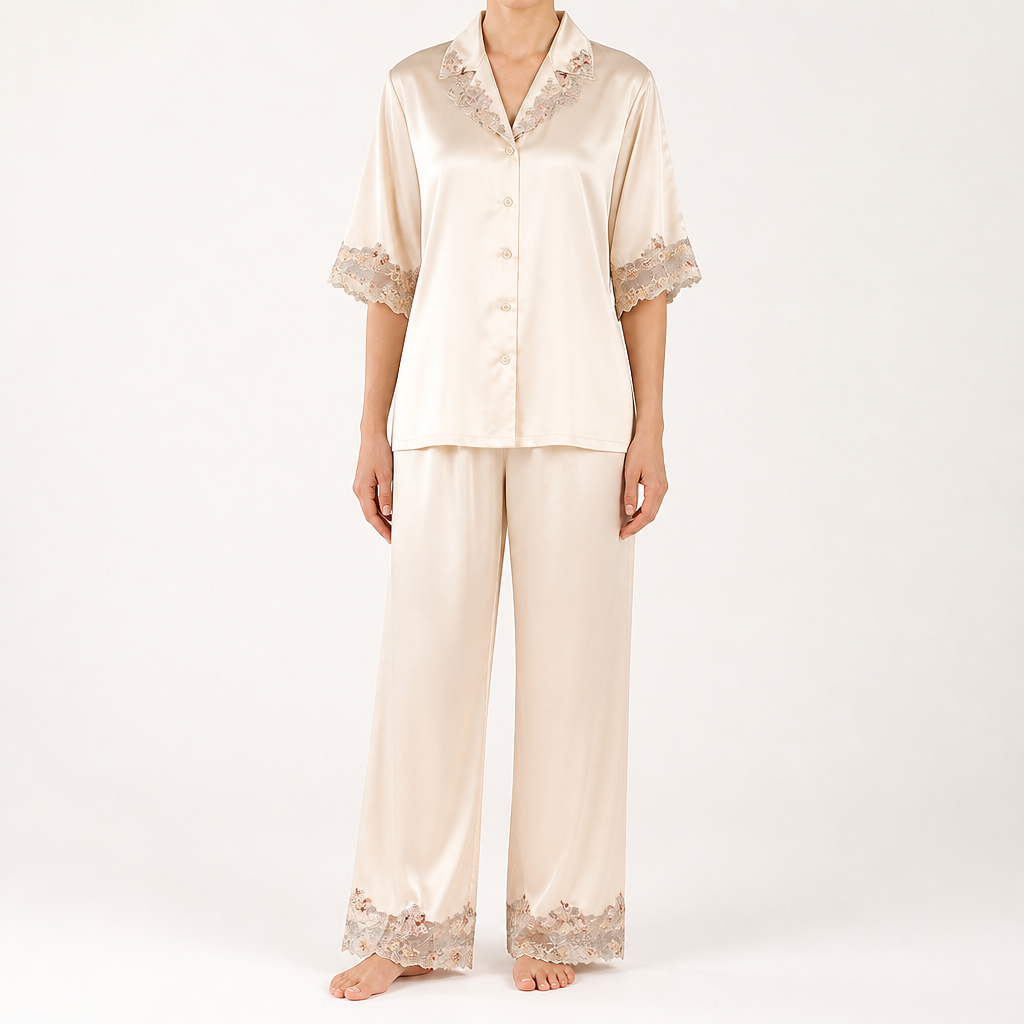Rosalie | Womens Silk Satin Pyjamas Ice Cool Short Sleeve Loungewear, Champagne
