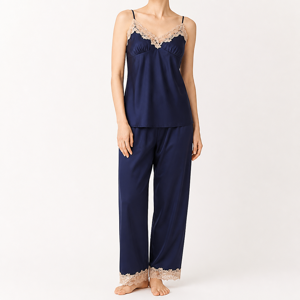 Rosalie | Womens Silk Satin Pyjamas Ice Cool Short Sleeve Loungewear, Navy Blue
