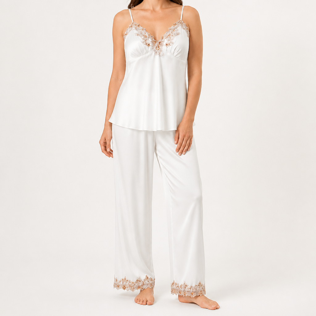 Rosalie | Womens Silk Satin Pyjamas Ice Cool Short Sleeve Loungewear, White