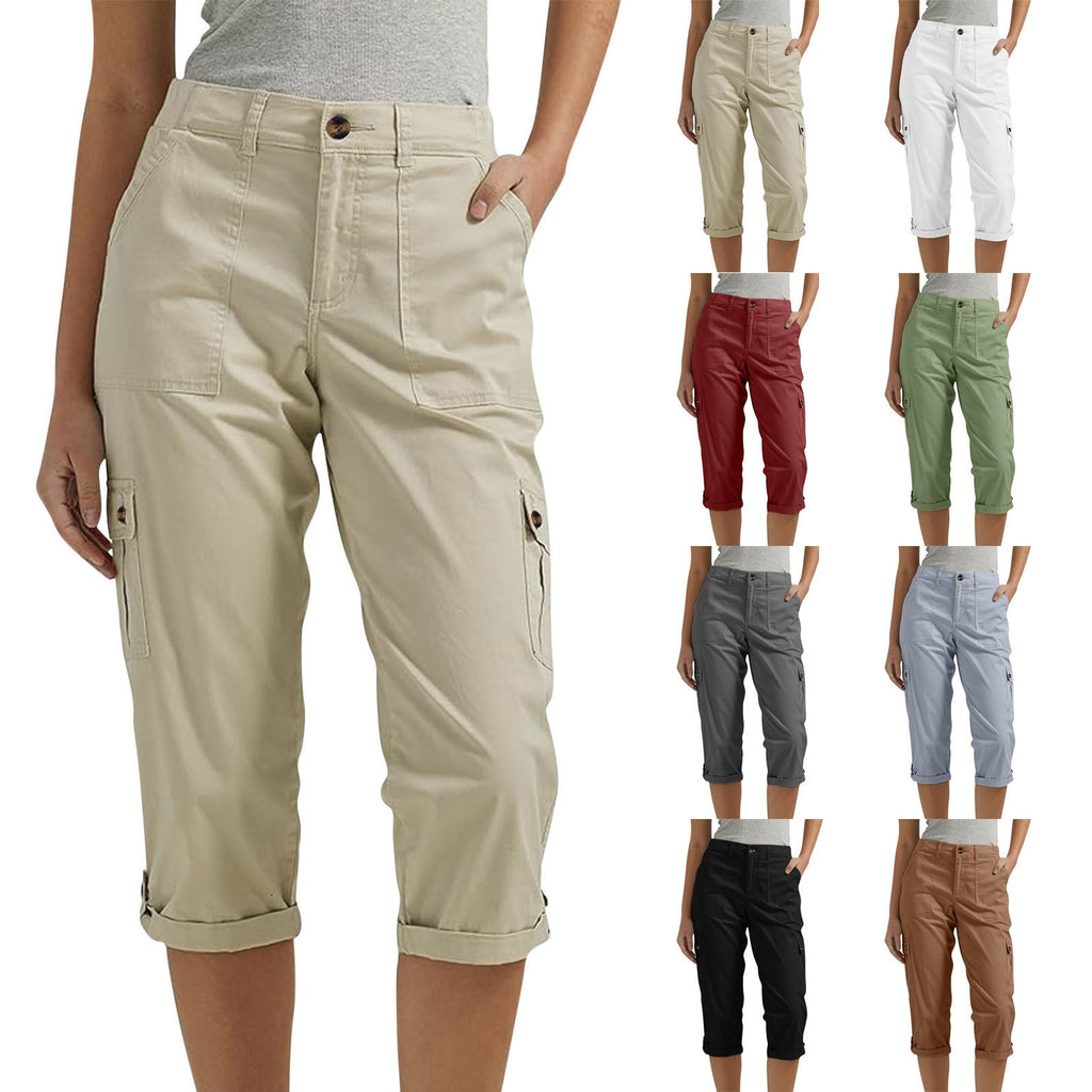 Rosalind | Womens Elastic Waist Pocket Cargo Pants Cropped Trousers - 1