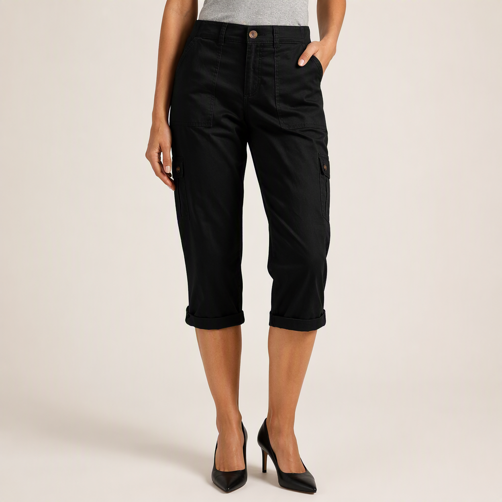 Rosalind | Womens Elastic Waist Pocket Cargo Pants Cropped Trousers, Black